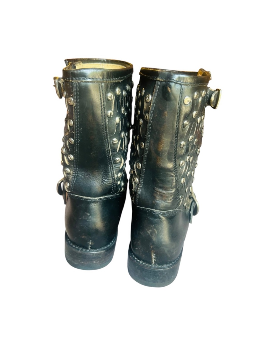 Frye Jenna Cut Stud Short Black Leather Boots Silver Buckle Motorcycle - Picture 5 of 9